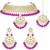 Peora Gold Plated Pearl Kundan Choker Necklace Earring Maang Tikka Traditional Jewellery Set for Women (Rani Pink)