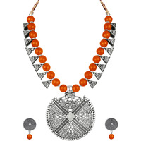 JFL - Jewellery for Less Womens Contemporary Fashion German Silver Oxidized and Beaded Choker Necklace Set with Adjustable Thread (Orange),Valentine