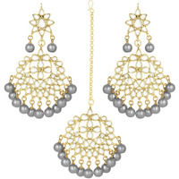I Jewels Grey Gold Plated Pearl and Kundan Traditional Maang Tikka with Earrings Set for Women