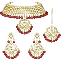 Peora Gold-plated Brass and Kundan, Pearl Necklace Earring Set With Maang Tikka for Women & Girls (Maroon)