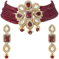 Peora Crystal Maroon Beaded Adjustable Choker Collar Necklace Earring Jewellery Set for Women