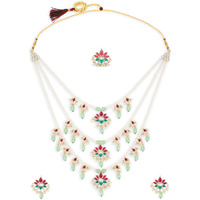 ZAVERI PEARLS Pink Green Multilayer Beaded Kundan Bridal Necklace Earring & Ring Set For Women-ZPFK15897
