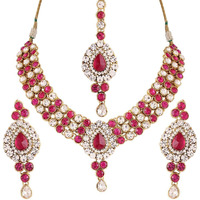 I Jewels Traditional Gold Plated Jewellery Set with Maang Tikka using Austrian Diamonds for Women IJ250Q (Rani/Dark Pink)
