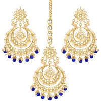Peora Traditional Jewellery 18K Gold Plated Brass Kundan and Pearl Maang Tikka Earring Set for Women (Blue)