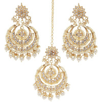 Shining Diva Fashion Latest Stylish Traditional Kundan Maang Tikka Earrings Jewellery Set for Women (White)(12412mter), one