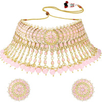 I Jewels 18K Gold Plated Traditional Kundan & Pearl Studded Choker Necklace Set For Women/Girls (K7210) (Full Pink)