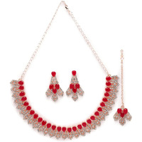 Sukkhi Admirable Fashionable AD Red Stones Collar Bone Necklace Set With Earring And Maangtika | Jewellery Set For Women (NS105675)