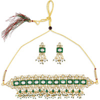 ZAVERI PEARLS Green Meenakari Kundan Choker Necklace & Earring Set For Women-ZPFK10829