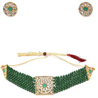 ZAVERI PEARLS Green Crystal Beads & Kundan Choker Necklace & Earring Set For Women-ZPFK9562