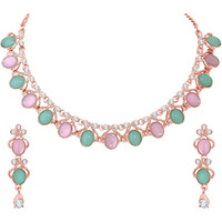 Atasi International Rose Gold Plated Pastel Pink and Green Monlisa Stone Necklace with Earrings for Women - Jewellery Set for Party, Wedding, Engagement (RGMM5706)