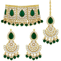 Peora Rani Padmavati Dulhan Bridal Kundan Green Faux Pearl Choker Necklace with Earrings Maang Tikka for Women Girls Indian Traditional Jewellery set