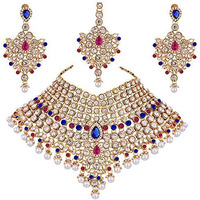 I Jewels Traditional Gold Plated Kundan Bridal Dulhan Jewellery Set for Women (IJ021) (Pink Blue)