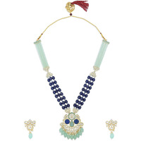 ZAVERI PEARLS Green Blue Stones & Multistrand Beaded Long Kundan Necklace & Earring Set For Women-ZPFK15643