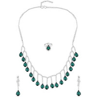 ZAVERI PEARLS Green Dazzling Diamonds Contemporary Necklace Earring & Ring Set For Women-ZPFK15830