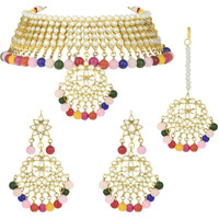 Peora Gold Plated Pearl Kundan Stone Studded Necklace Earring Mang Tika Set Jewellery for Women (Multicolor)