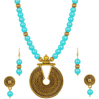 JFL - Jewellery for Less Fashionable Gold Plated Oxidized German Key Hole Beaded Necklace with 2 pair of Earrings Set for Women and Girls(Turquoise Blue),Valentine