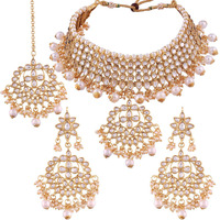 I Jewels 18K Gold Plated Traditional Kundan & Pearl Studded Choker Necklace Jewellery Set with Earrings & Maang Tikka For Women (K7058W)