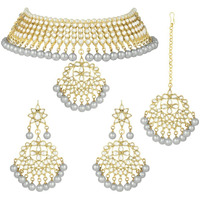 I Jewels 18K Gold Plated Traditional Kundan & Pearl Studded Choker Necklace Jewellery Set with Earrings & Maang Tikka For Women (K7058) (Grey)