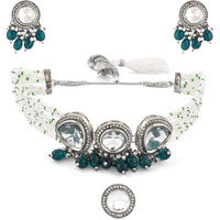 ZAVERI PEARLS Green Multistrand Dazzling Stones Choker Necklace Earring & Ring Set For Women-ZPFK15912