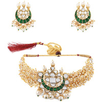 ZAVERI PEARLS Green Meenakari Clustered Pearls Patta Kundan Choker Necklace & Earring Set For Women-ZPFK10236