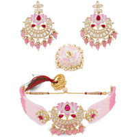 ZAVERI PEARLS Pink Meenakari Lotus Design Multistrand Beaded Choker Necklace Earring & Ring Set For Women-ZPFK13806