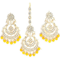 ZENEME Traditional Gold Plated Big Chandbali Kundan & Pearl Earring Set With Maang Tikka for Women (Yellow)