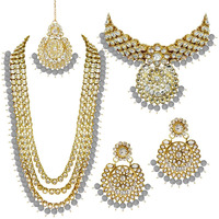 I Jewels Traditional 18K Gold Plated Kundan & Pearl Studded Bridal Choker Necklace Jewellery Set With Earrings & Maang Tikka for Women(IJ325Gr)