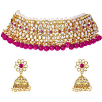 Peora Gold Plated Kundan Faux Pearl Choker Necklace Earring Traditional Jewellery Set for Women