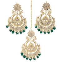 Shining Diva Fashion Latest Stylish Traditional Kundan Maang Tikka Earrings Jewellery Set for Women (Green)(12409mter), one