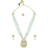 ZAVERI PEARLS Mint Green & Pink Multistrand Kundan Bridal Necklace Earring Ring Set For Women-ZPFK15903