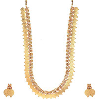 ZENEME Jewellery Set Gold Plated Long Traditional Maharani Beads Studded Temple Coin Necklace Set with Earrings Jewellery For Women & Girls (Pearl (White))