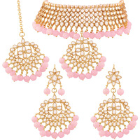 I Jewels 18K Gold Plated Traditional Kundan & Pearl Studded Choker Necklace Jewellery Set with Earrings & Maang Tikka For Women (K7058Pi)