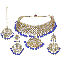 I Jewels 18K Gold Plated Traditional Kundan & Pearl Studded Choker Necklace Jewellery Set with Earrings & Maang Tikka For Women (K7058Bl)