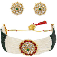 ZAVERI PEARLS Pink Stones Green Beads & Pearls Multistrand Kundan Choker Necklace & Earring Set For Women-ZPFK10110