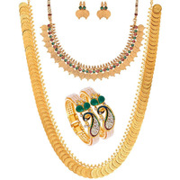 ZENEME Jewellery Gold Plated Bangle Set, Maharani Temple Coin Necklace Set, Short Red Green Necklace and Earrings for Women & Girls (peacock-1)