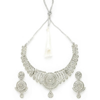 Sukkhi Most Beautiful Rhodium Plated Silver AD White Stone Collar Bone Necklace Set And Earring | Jewellery Set For Women (NS105513)