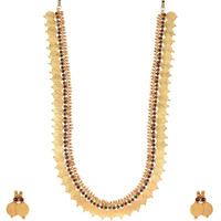 ZENEME Jewellery Set Gold Plated Long Traditional Maharani Beads Studded Temple Coin Necklace Set with Earrings Jewellery For Women & Girls (Red & Green)