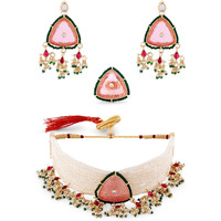 ZAVERI PEARLS Pink Stones & Green Beads Multistrand Pearls Choker Necklace Earring & Ring Set For Women-ZPFK14834