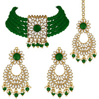 Peora Gold Plated Jodha Akbar Kundan Faux Pearl Choker Necklace with Earring Maang Tikka Traditional Bridal Jewellery Set for Women Girls