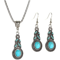 Young & Forever Gift Boho Gypsy Turquoise Stone Peacock Feather Pendant Set for Women oxidised Silver Princess Length Delicate Chain Cubic Zirconia Dangler Earring Necklace Set for Girls