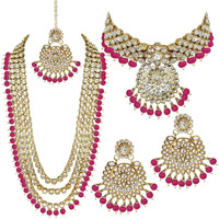 I Jewels Traditional 18K Gold Plated Kundan & Pearl Studded Bridal Choker Necklace Jewellery Set With Earrings & Maang Tikka for Women (IJ325Q)