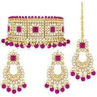 Peora Rani Padmavati Dulhan Bridal Kundan Faux Pearl Choker Necklace with Earrings Maang Tikka for Women Girls Indian Traditional Jewellery set Rani Pink