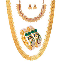 ZENEME Jewellery Gold Plated Bangle Set, Maharani Temple Coin Necklace Set, Short Red Green Necklace and Earrings for Women & Girls (peacock-2)
