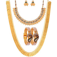 ZENEME Jewellery Gold Plated Bangle Set, Maharani Temple Coin Necklace Set, Short Red Green Necklace and Earrings for Women & Girls (peacock-4)