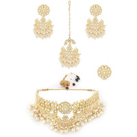ZAVERI PEARLS Gold Tone Bridal Kundan Choker Necklace Earring Maangtikka & Ring Set For Women-ZPFK11419