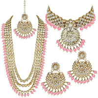 I Jewels Traditional 18K Gold Plated Kundan & Pearl Studded Bridal Choker Necklace Jewellery Set With Earrings & Maang Tikka for Women(IJ325Pi)