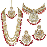 I Jewels Traditional 18K Gold Plated Kundan & Pearl Studded Bridal Choker Necklace Jewellery Set With Earrings & Maang Tikka for Women (IJ325R)