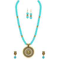 JFL - Jewellery for Less Fashionable Gold Plated Oxidized German Ganesha Beaded Necklace with 2 pair of Earrings Set for Women and Girls(Turquoise blue),Valentine