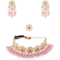 ZAVERI PEARLS Pink Stones & Layer Cluster Beads Kundan Flowers Choker Necklace Earring & Ring Set For Women-ZPFK14833