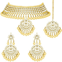 Peora Gold-plated Brass and Kundan, Pearl Necklace Earring Set With Maang Tikka for Women & Girls (Cream_170.97 gm)
